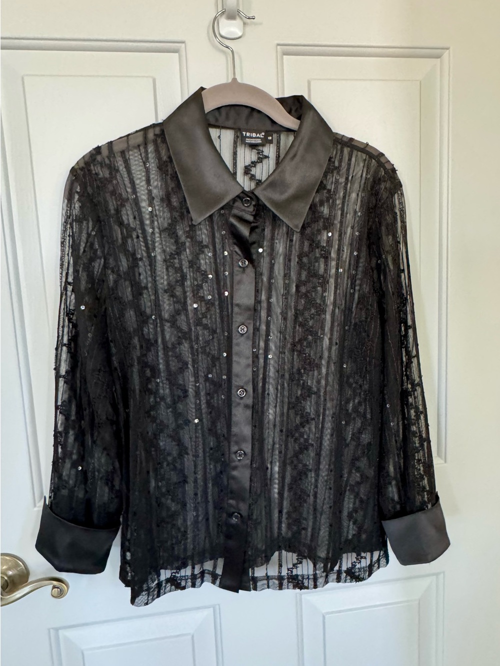 Tribal Black Sheer Lace Button Down Blouse with Satin Trim